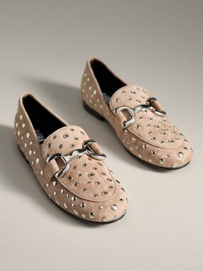 Bibi Lou Studded Tan Suede Loafers with Silver Hardware